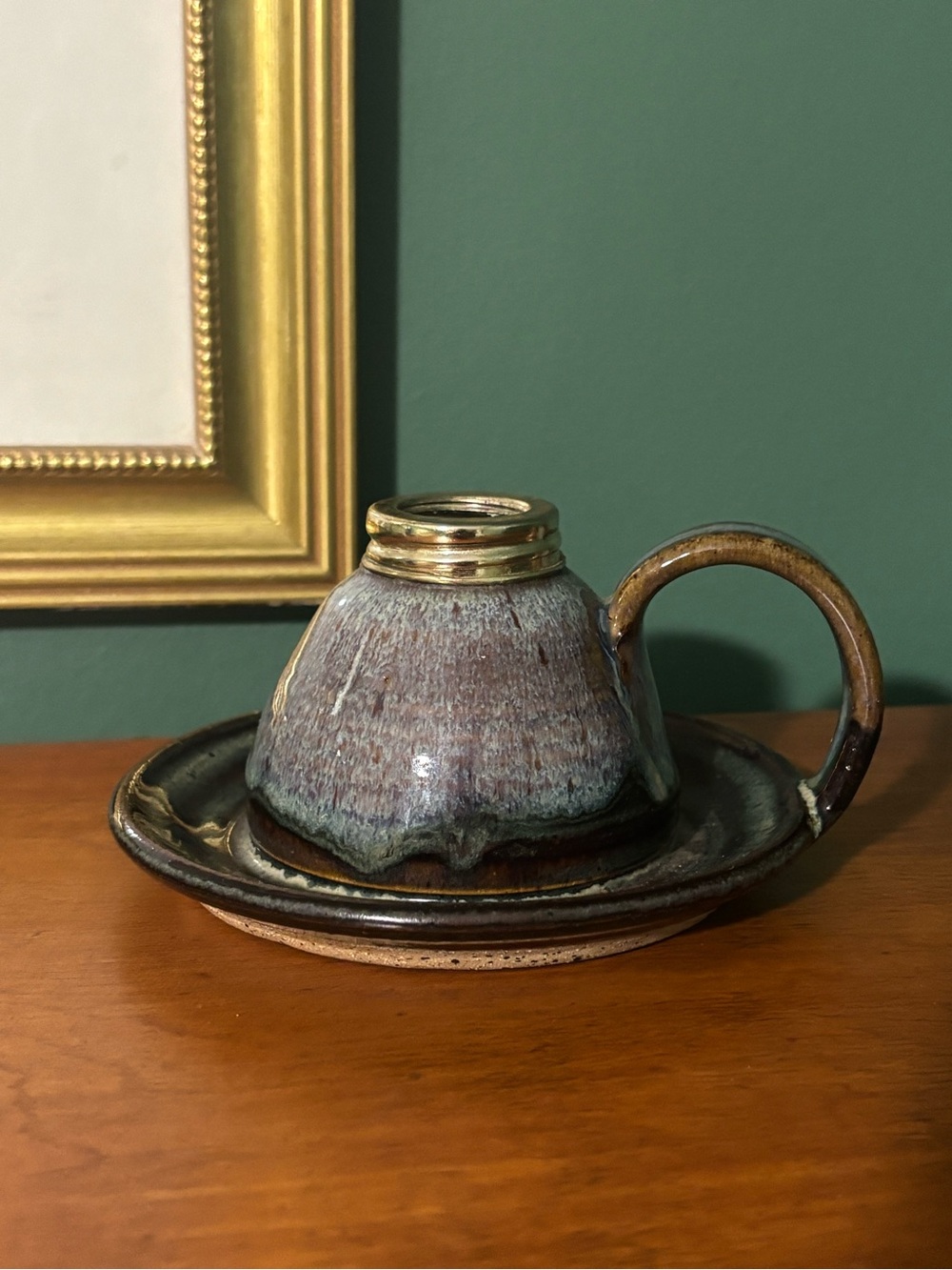 Handcrafted Ceramic Candle Holder - Blue Green Glaze